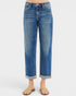 Blue jeans worn by a person on a white background