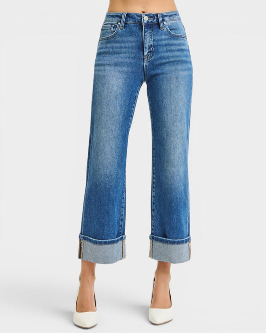 Medium Wash Cuffed Wide Leg Jeans