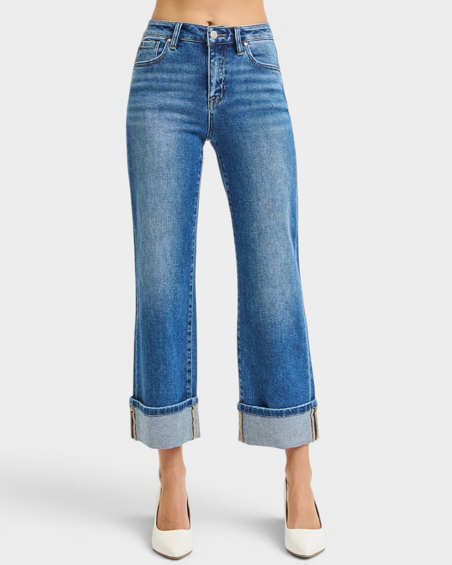 Medium Wash Cuffed Wide Leg Jeans