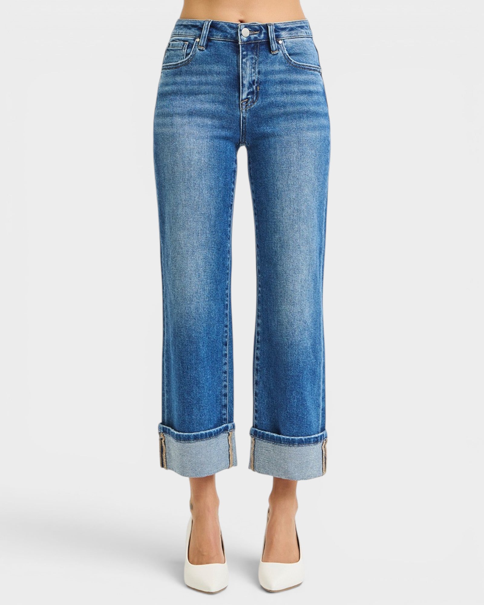 Medium Wash Cuffed Wide Leg Jeans