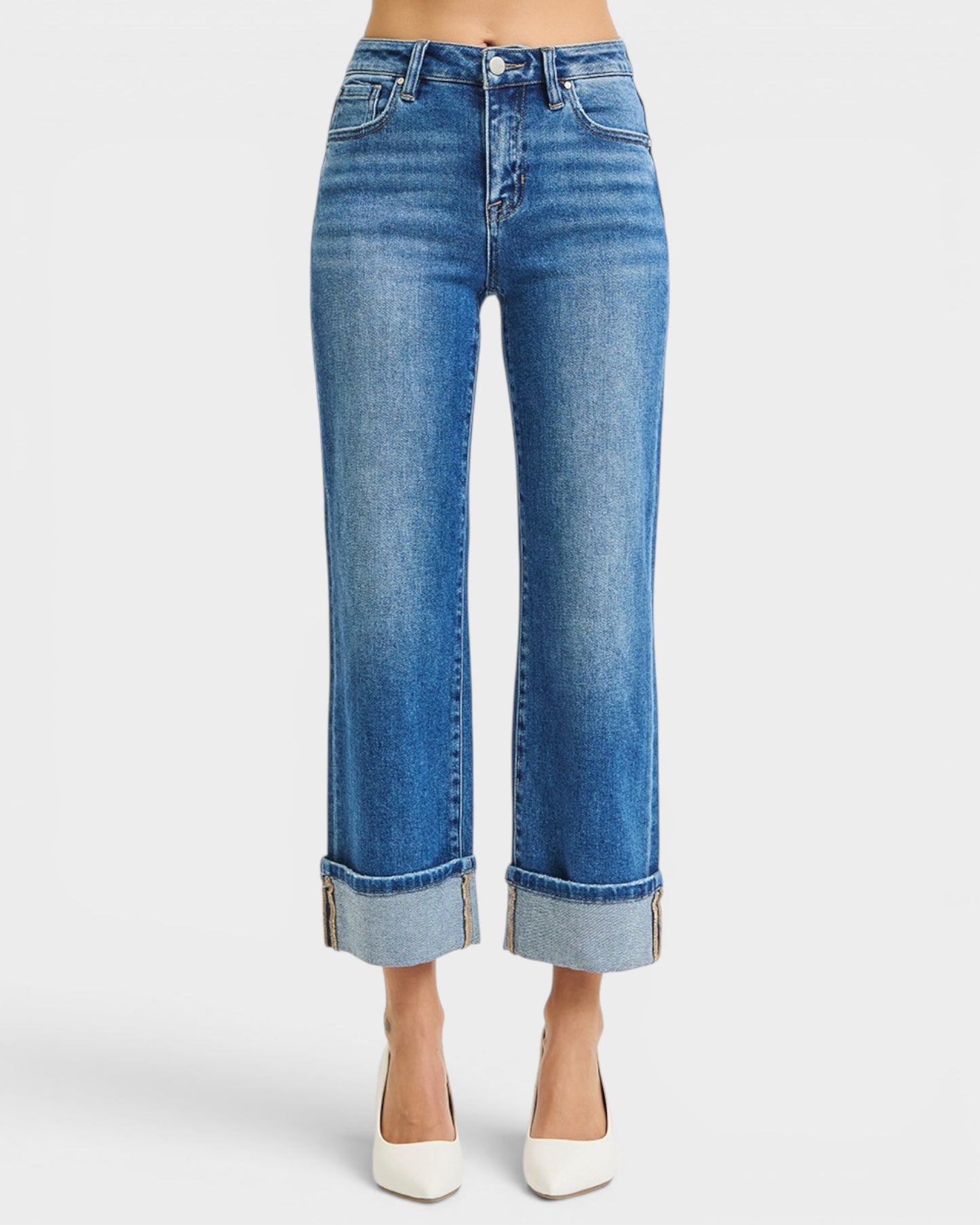 Medium Wash Cuffed Wide Leg Jeans