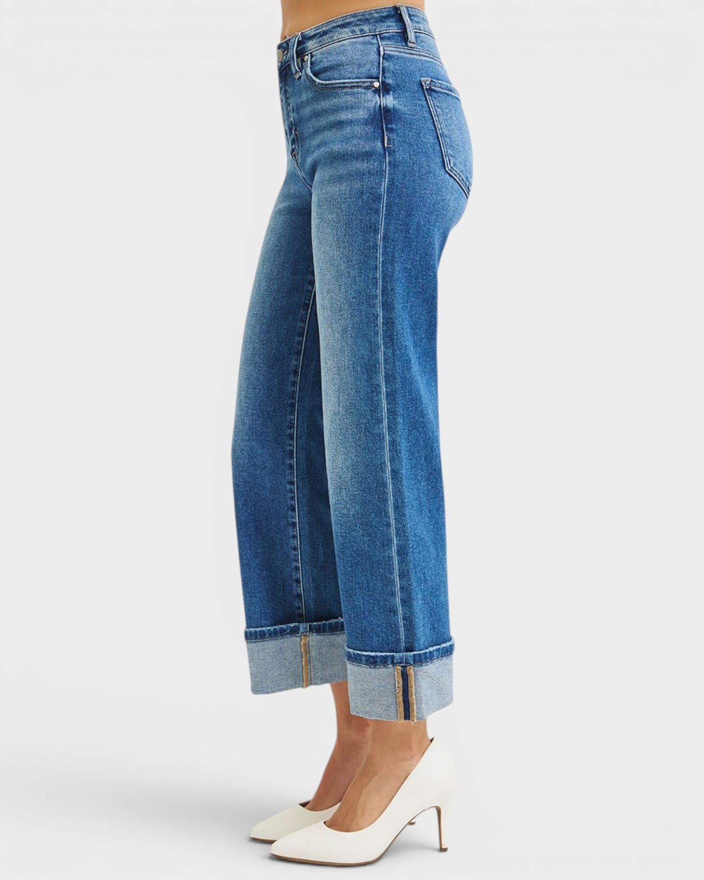 Medium Wash Cuffed Wide Leg Jeans