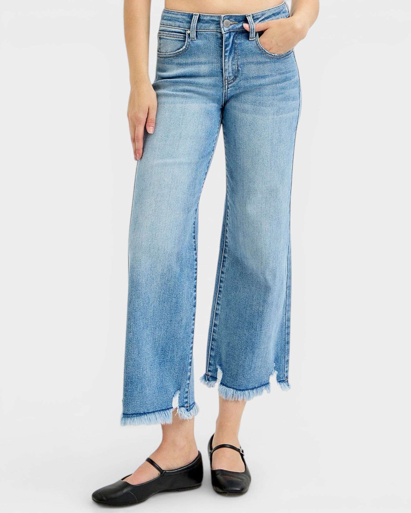 Light Wash Frayed Hem Wide Leg Jeans