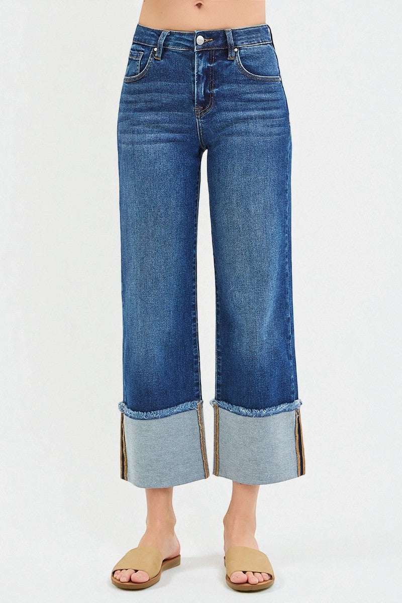 Dark Wash Contrast Cuff Wide Leg Jeans