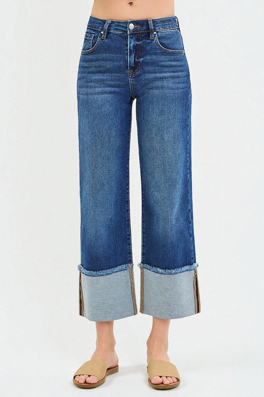 Dark Wash Contrast Cuff Wide Leg Jeans