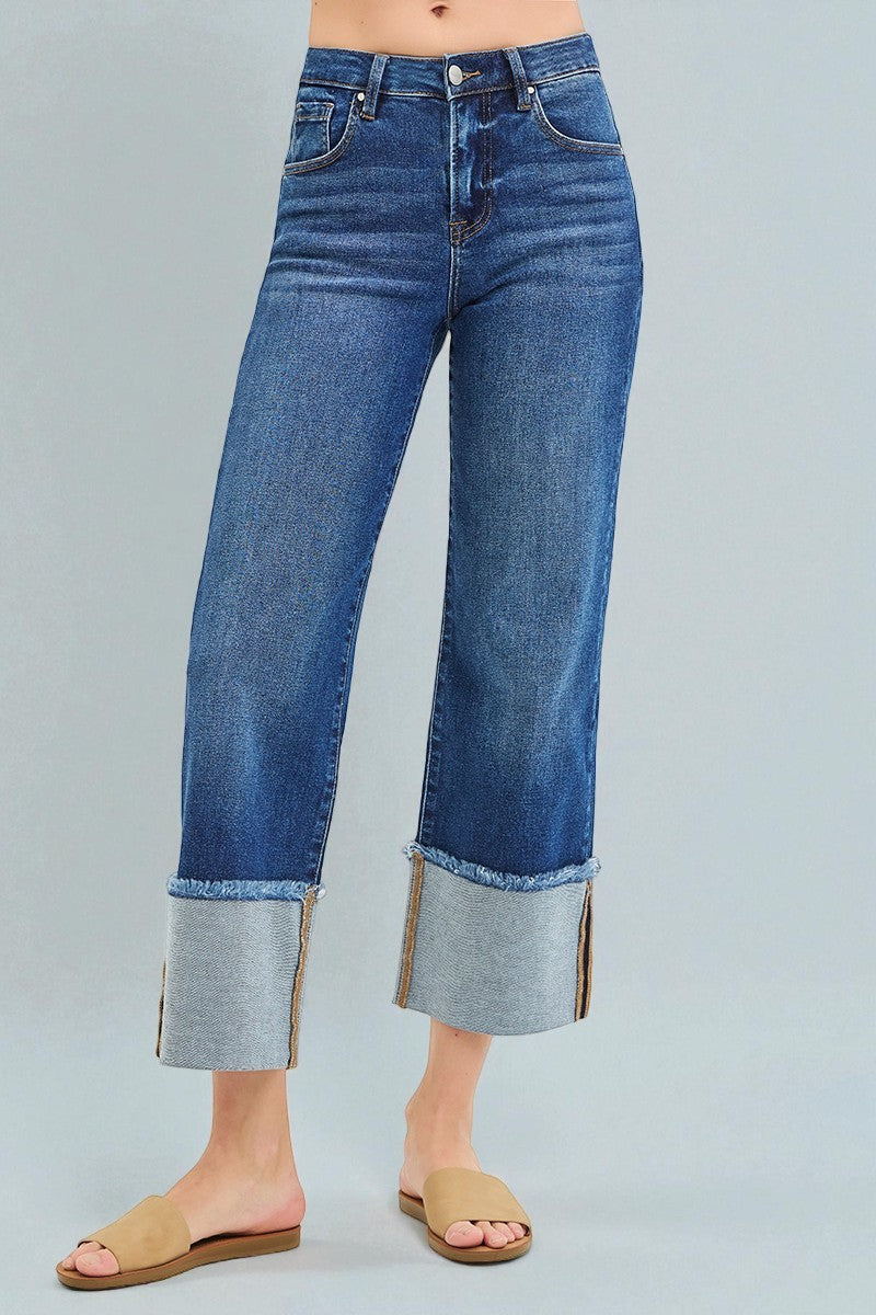 Dark Wash Contrast Cuff Wide Leg Jeans