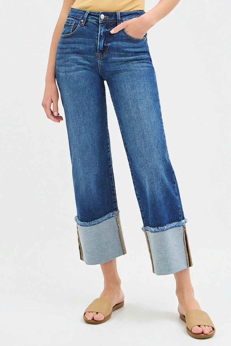 Dark Wash Contrast Cuff Wide Leg Jeans