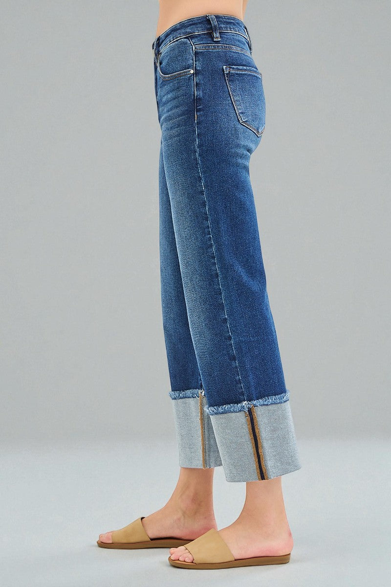 Dark Wash Contrast Cuff Wide Leg Jeans