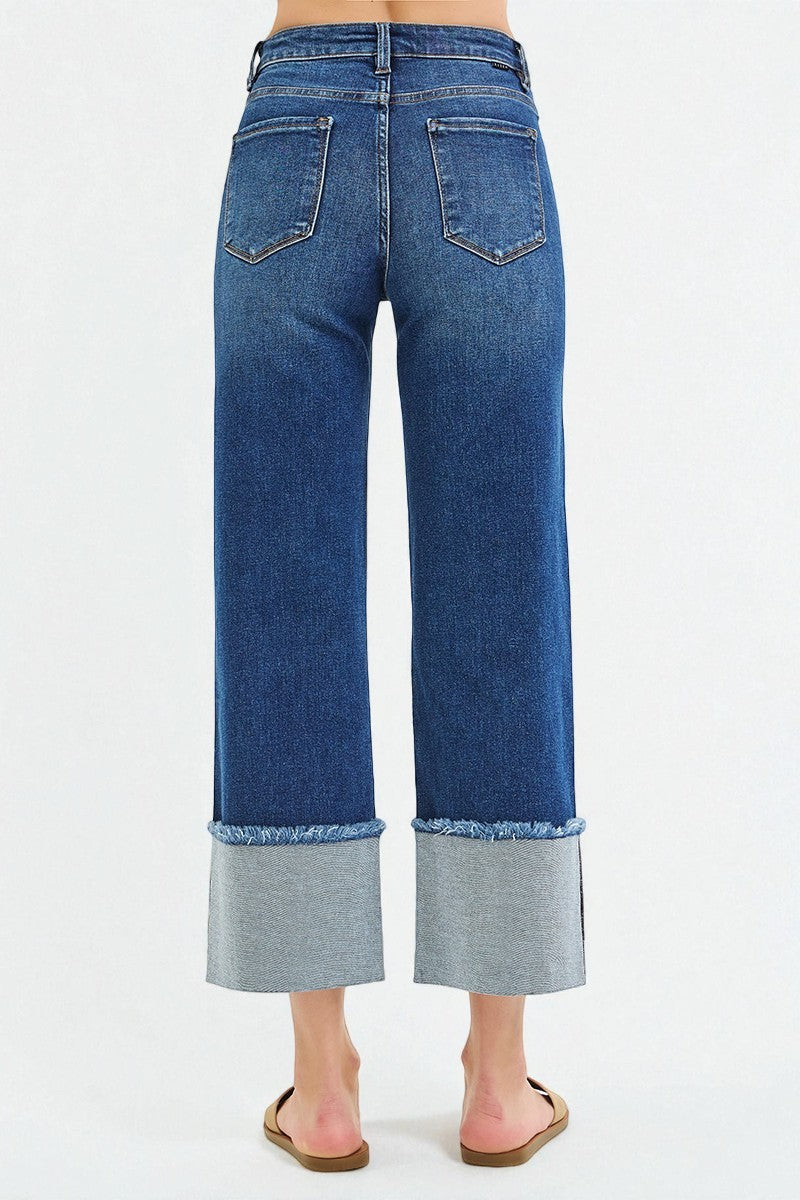 Dark Wash Contrast Cuff Wide Leg Jeans
