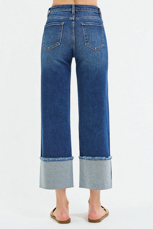 Dark Wash Contrast Cuff Wide Leg Jeans