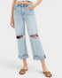 Light blue jeans with distressed details worn by a person on a white background