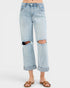 Light blue distressed jeans worn by a person on a white background