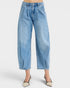 Light blue jeans worn by a person on a white background