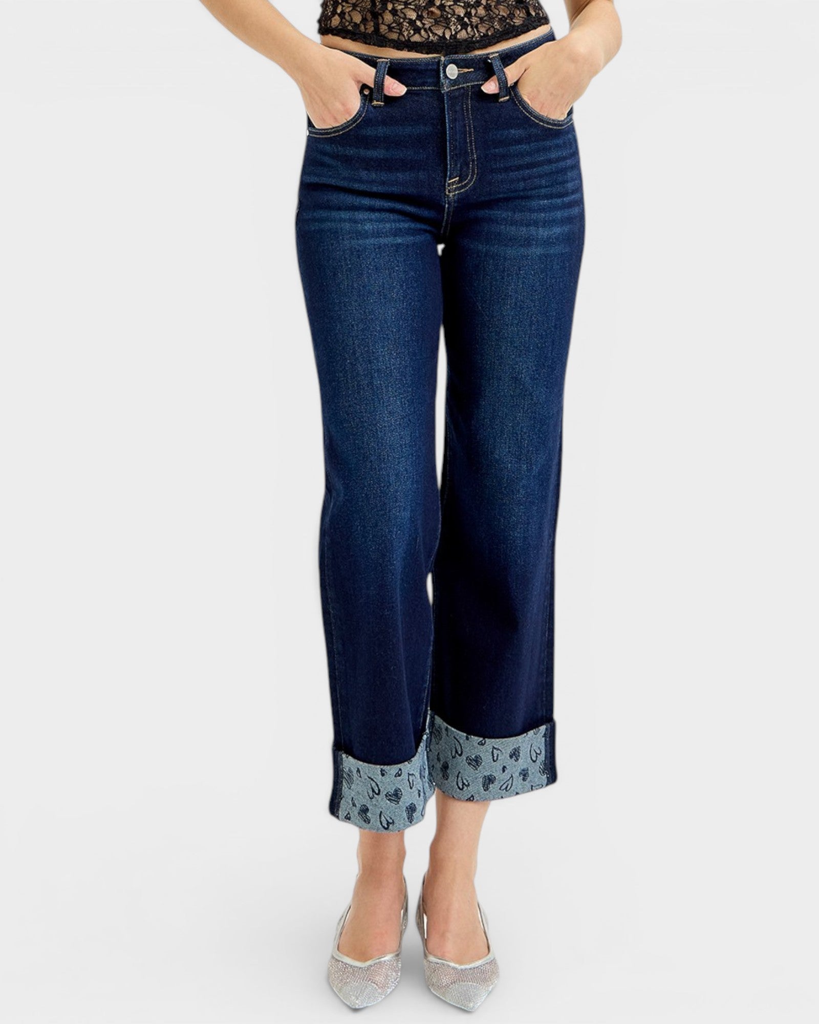 Dark Wash Heart Cuff Wide Leg Jeans