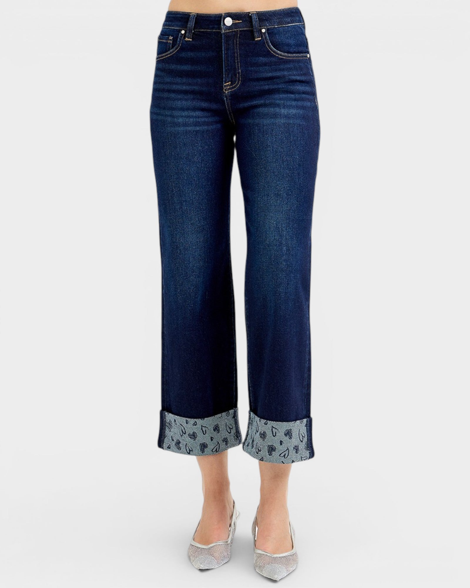Dark Wash Heart Cuff Wide Leg Jeans