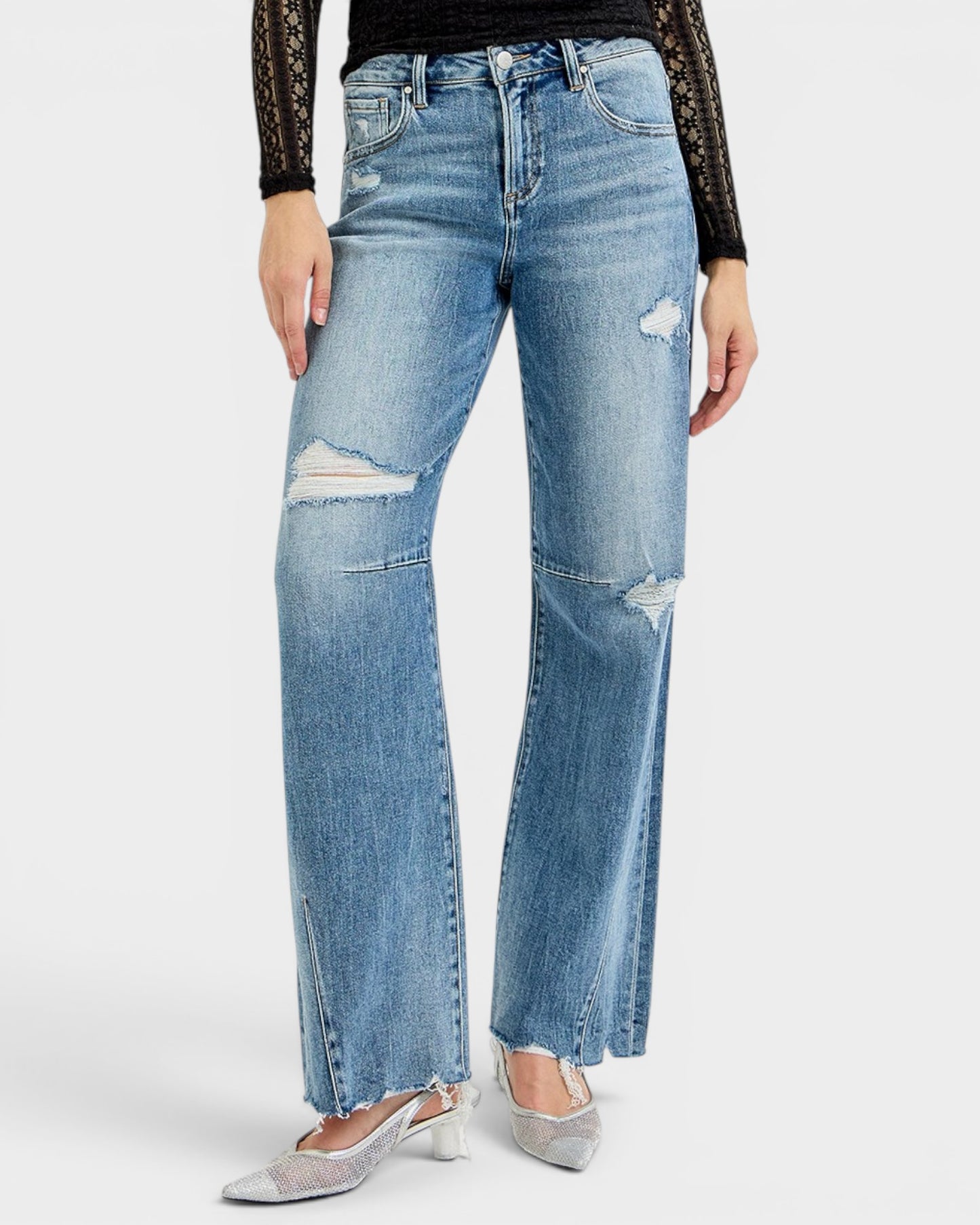 Medium Wash Distressed Wide Leg Jeans