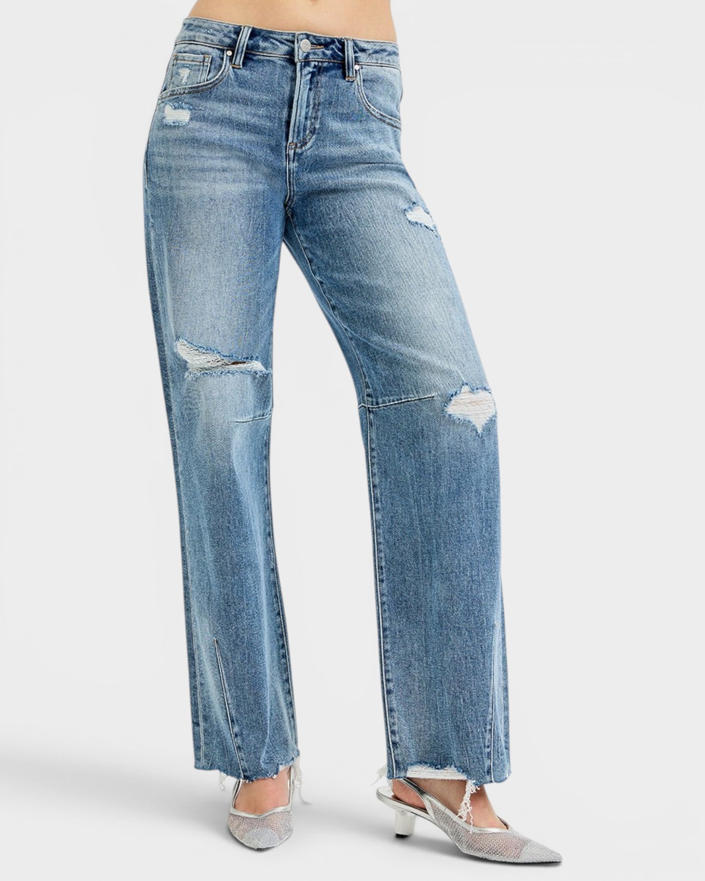 Medium Wash Distressed Wide Leg Jeans