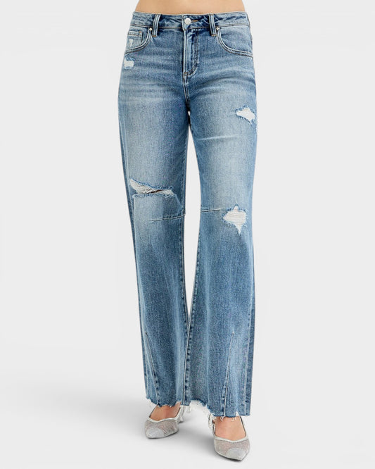Medium Wash Distressed Wide Leg Jeans