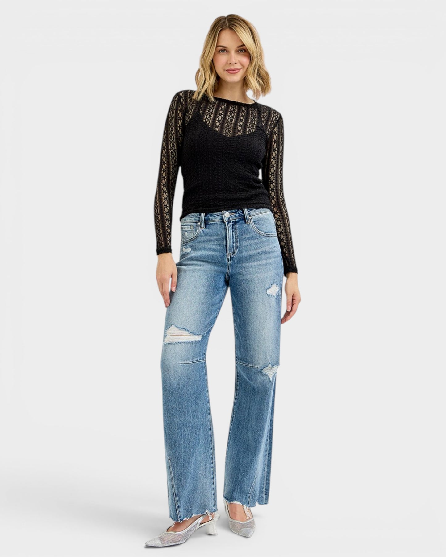 Medium Wash Distressed Wide Leg Jeans