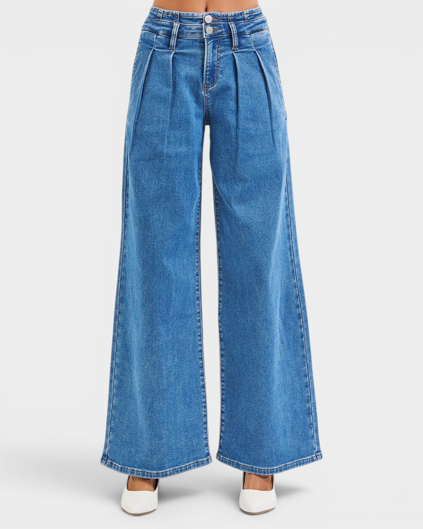 Medium Wash Mid Rise Pleated Wide Leg Jeans