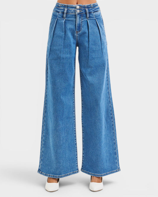 Medium Wash Mid Rise Pleated Wide Leg Jeans