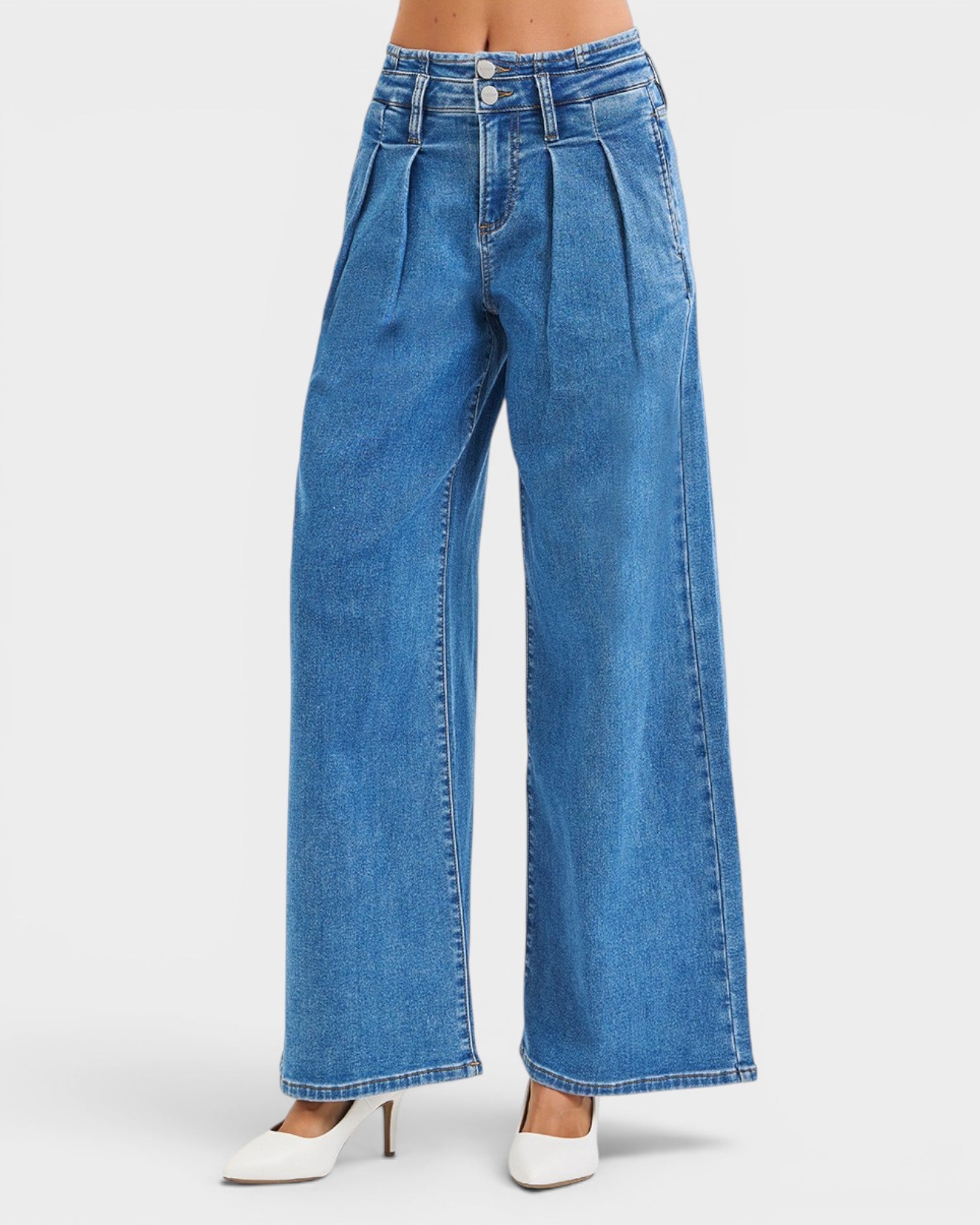 Blue wide-leg jeans on a white background