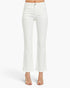 White high-waisted flared jeans shown on a model from the waist down, paired with clear strap high-heeled sandals against a plain white studio background.