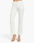 White cropped flare jeans shown on a model from the waist down, paired with clear high-heel sandals against a clean white background.