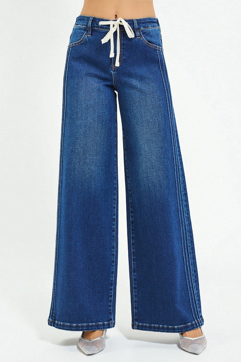 Dark Wash Drawstring Wide Leg Jeans