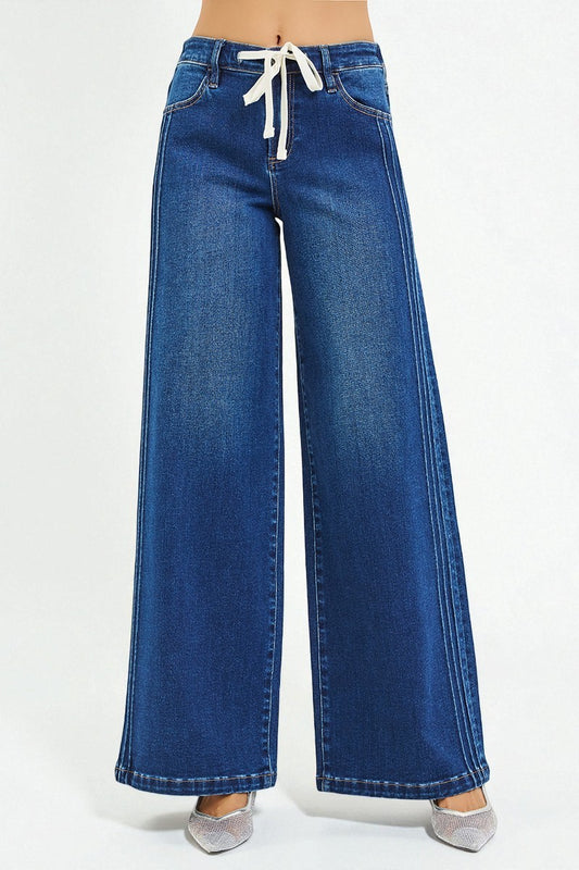 Dark Wash Drawstring Wide Leg Jeans