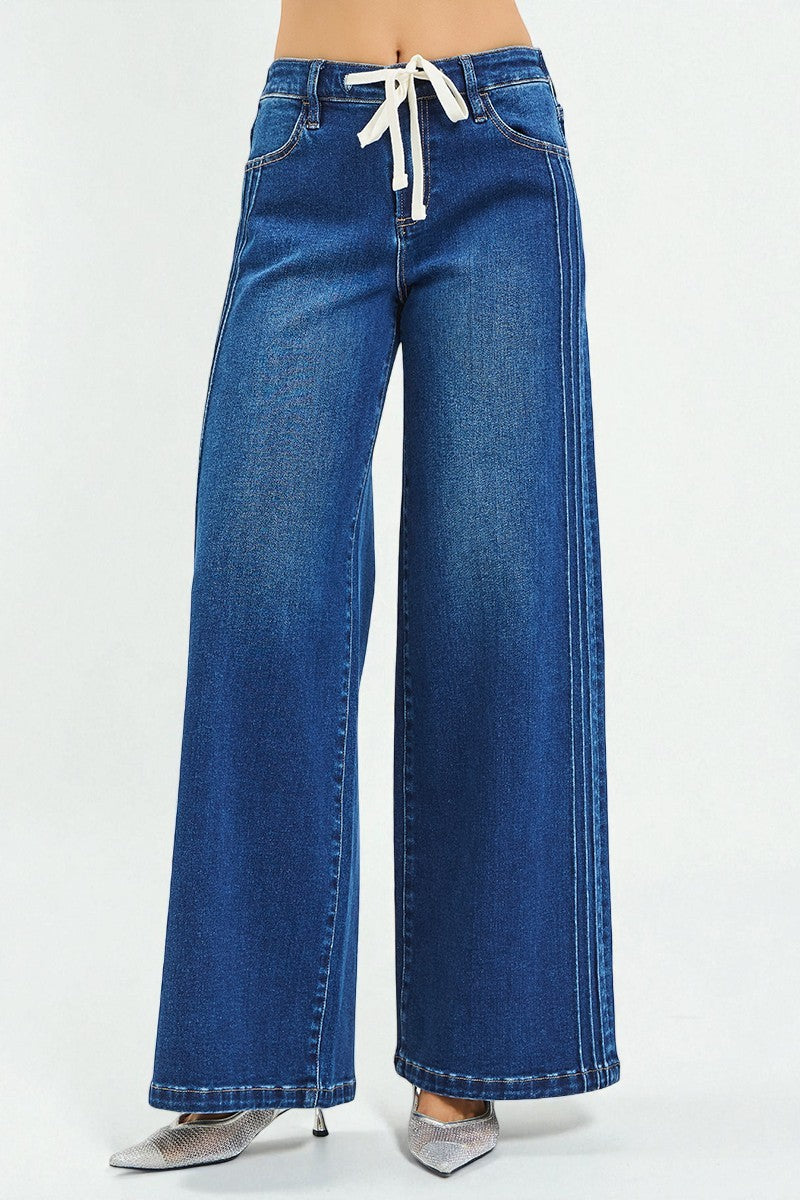 Dark Wash Drawstring Wide Leg Jeans