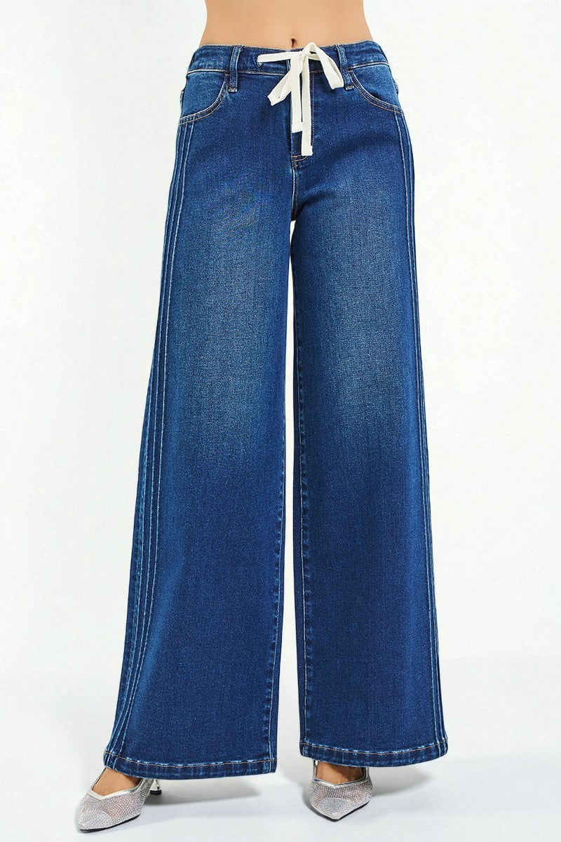 Dark Wash Drawstring Wide Leg Jeans