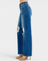 Blue jeans with a distressed design on a white background