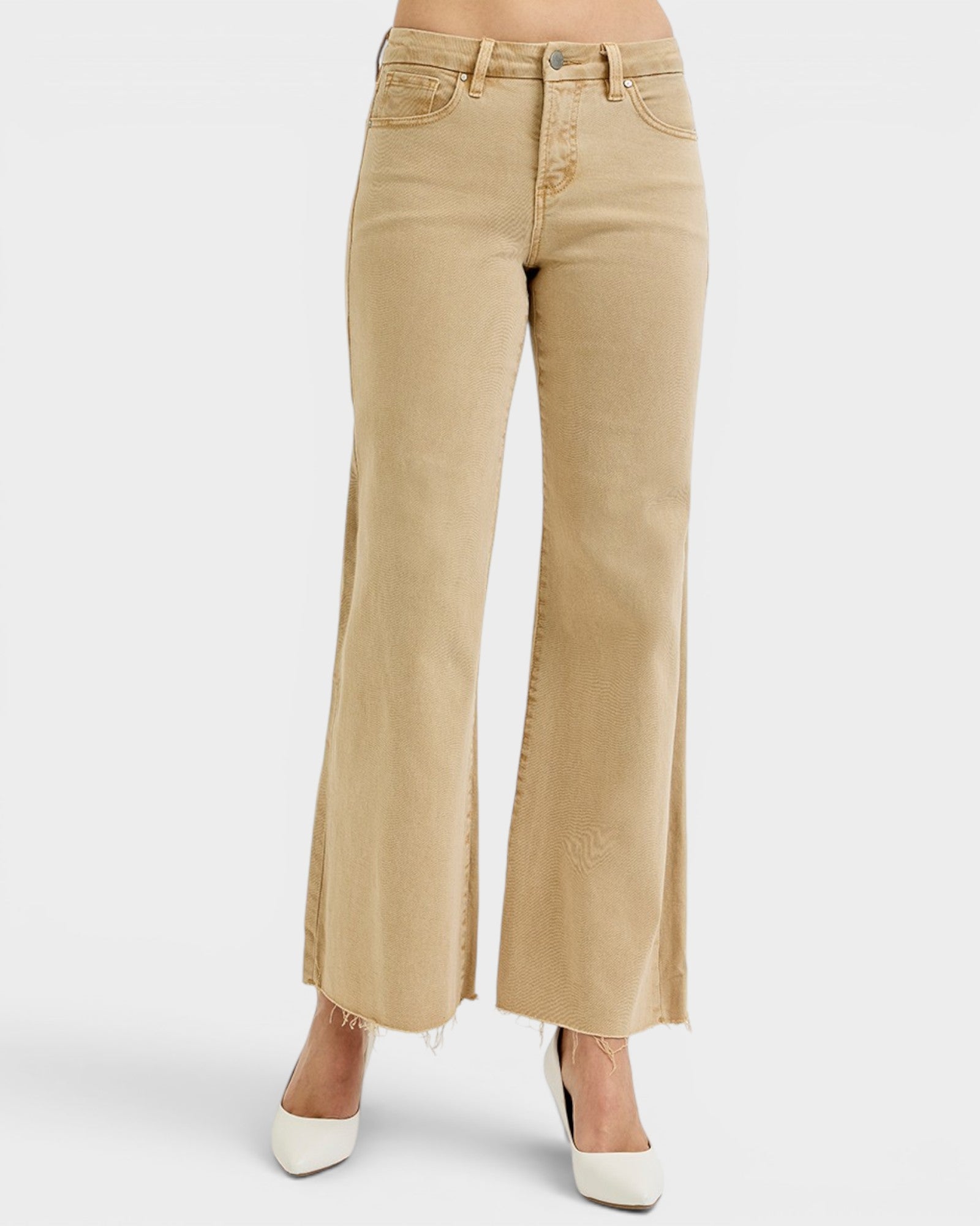 Tan Wide Leg Raw Hem Jeans