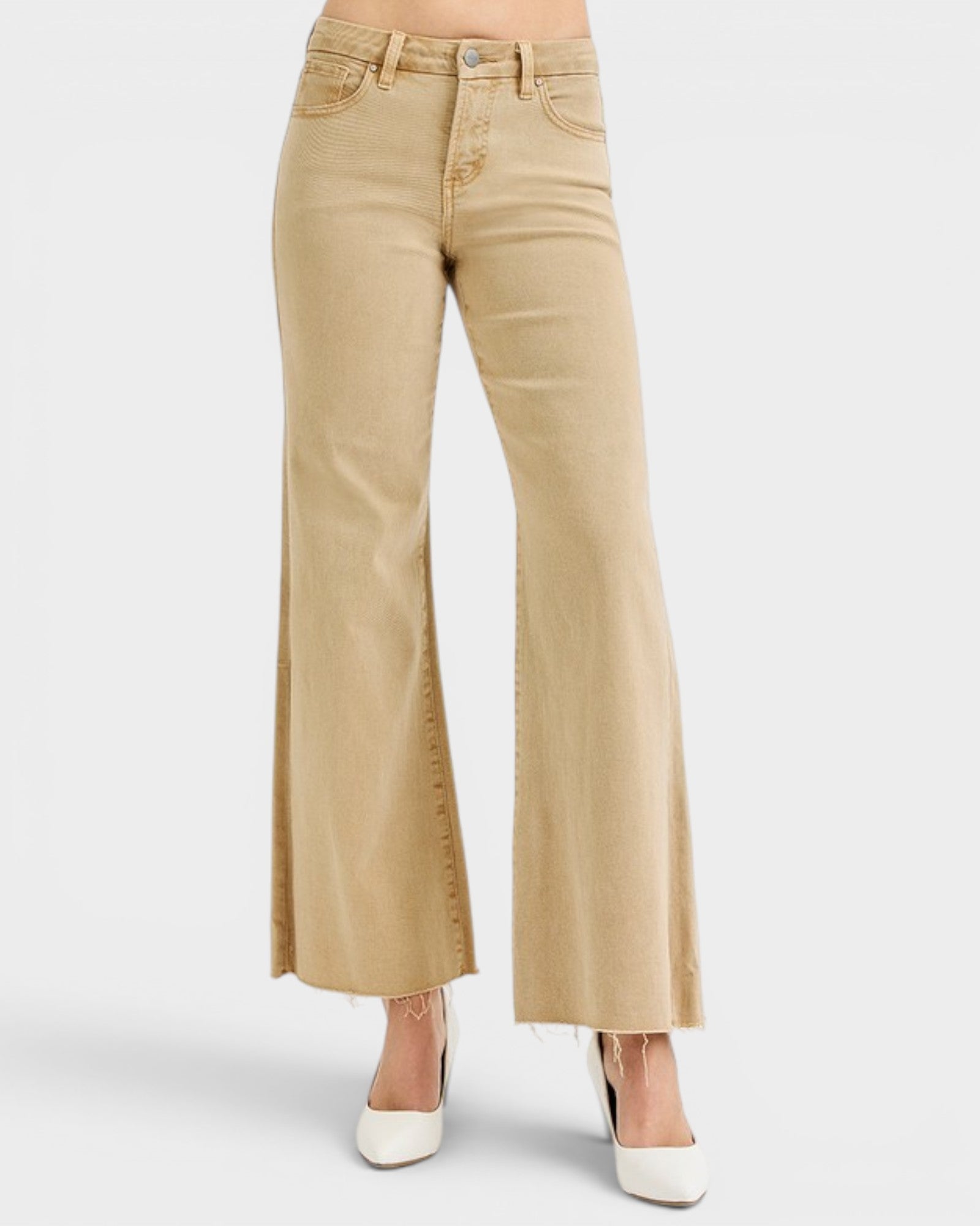 Tan Wide Leg Raw Hem Jeans