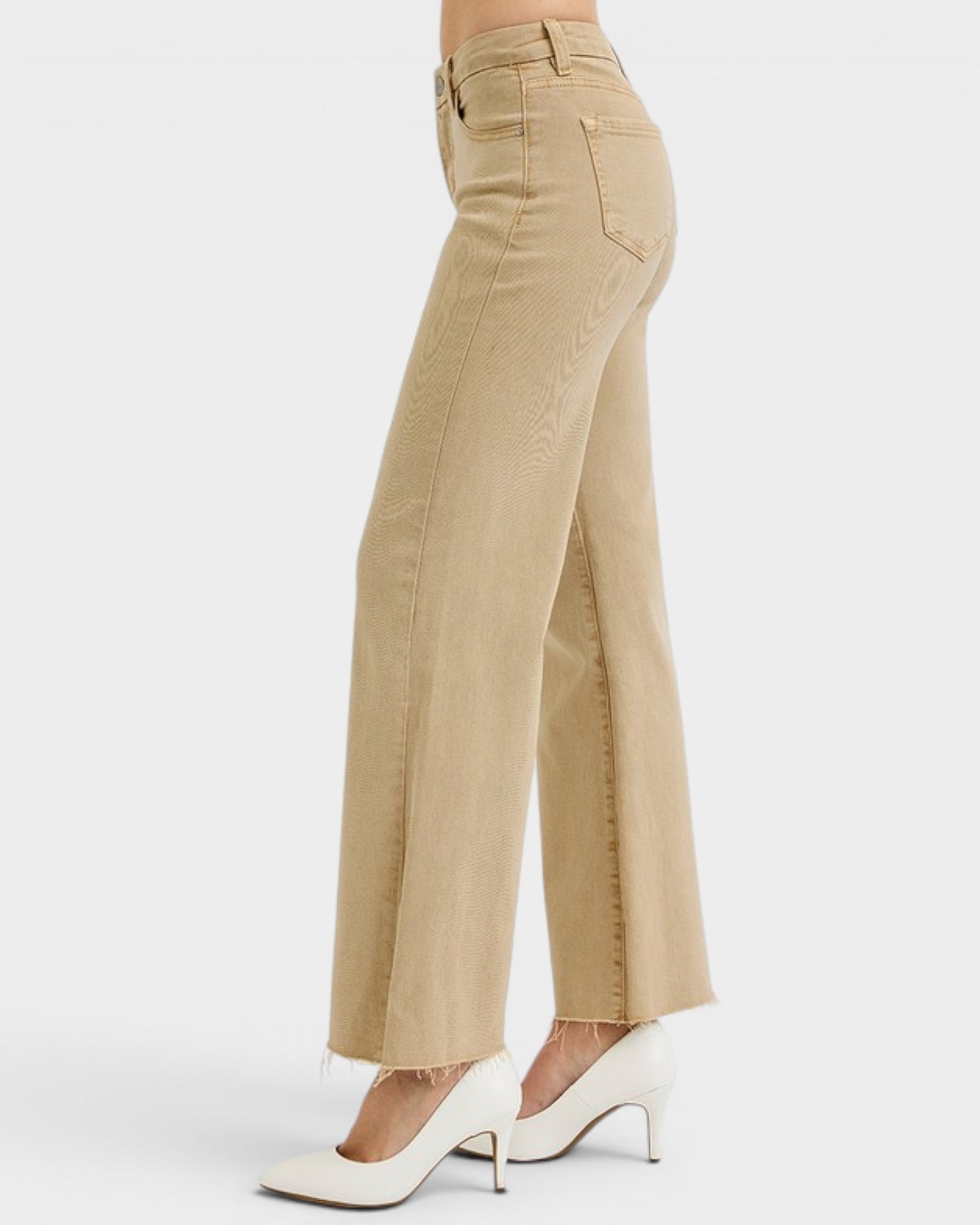 Tan Wide Leg Raw Hem Jeans