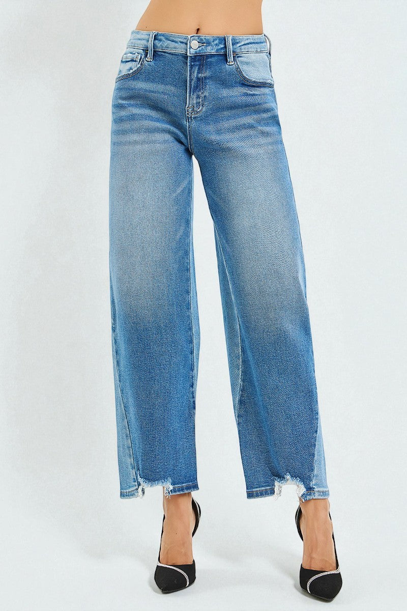 Medium Wash Frayed Hem Wide Leg Jeans