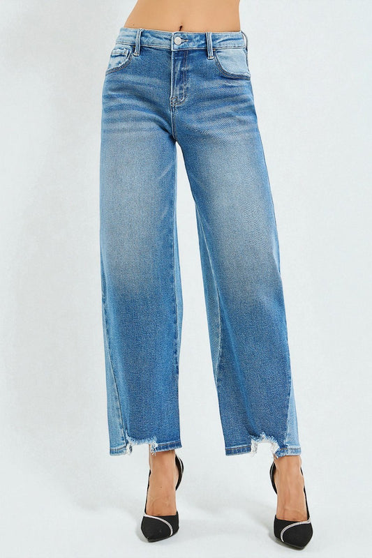 Medium Wash Frayed Hem Wide Leg Jeans