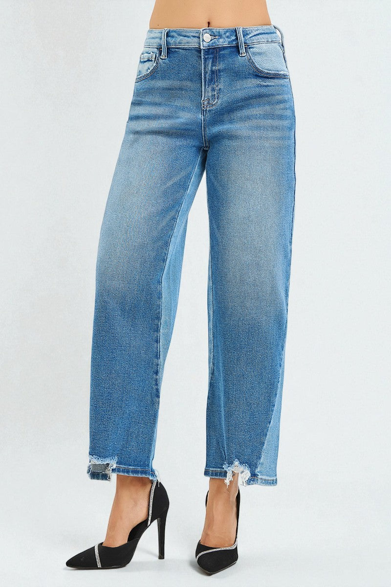 Medium Wash Frayed Hem Wide Leg Jeans