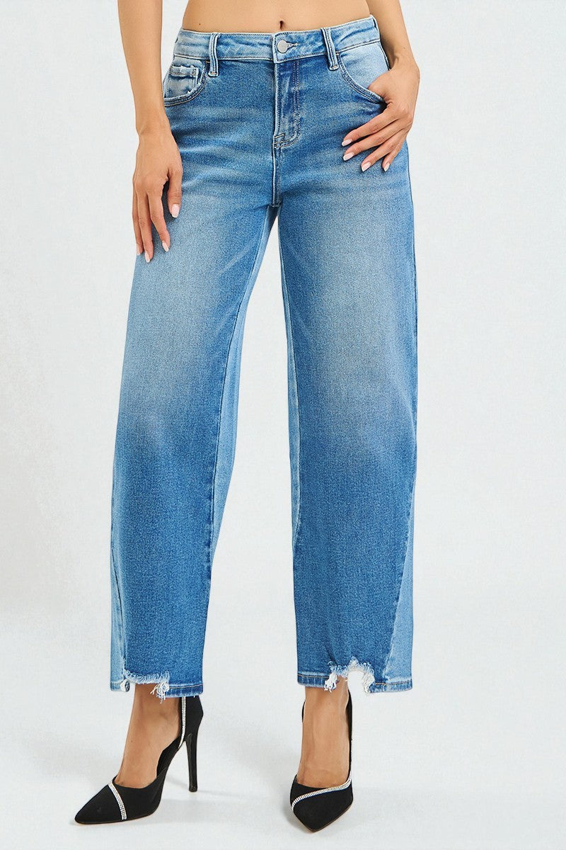 Medium Wash Frayed Hem Wide Leg Jeans