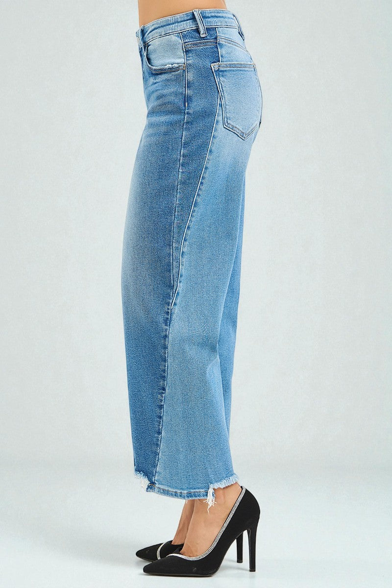 Medium Wash Frayed Hem Wide Leg Jeans
