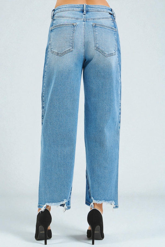 Medium Wash Frayed Hem Wide Leg Jeans