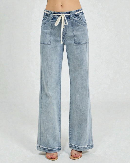 Light blue denim wide-leg pants with drawstring waist on a white background