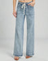 Light blue denim wide-leg pants with a drawstring waist on a white background