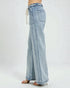 Light blue denim pants on a white background