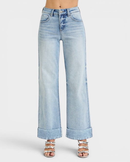 Light blue wide-leg jeans on a white background