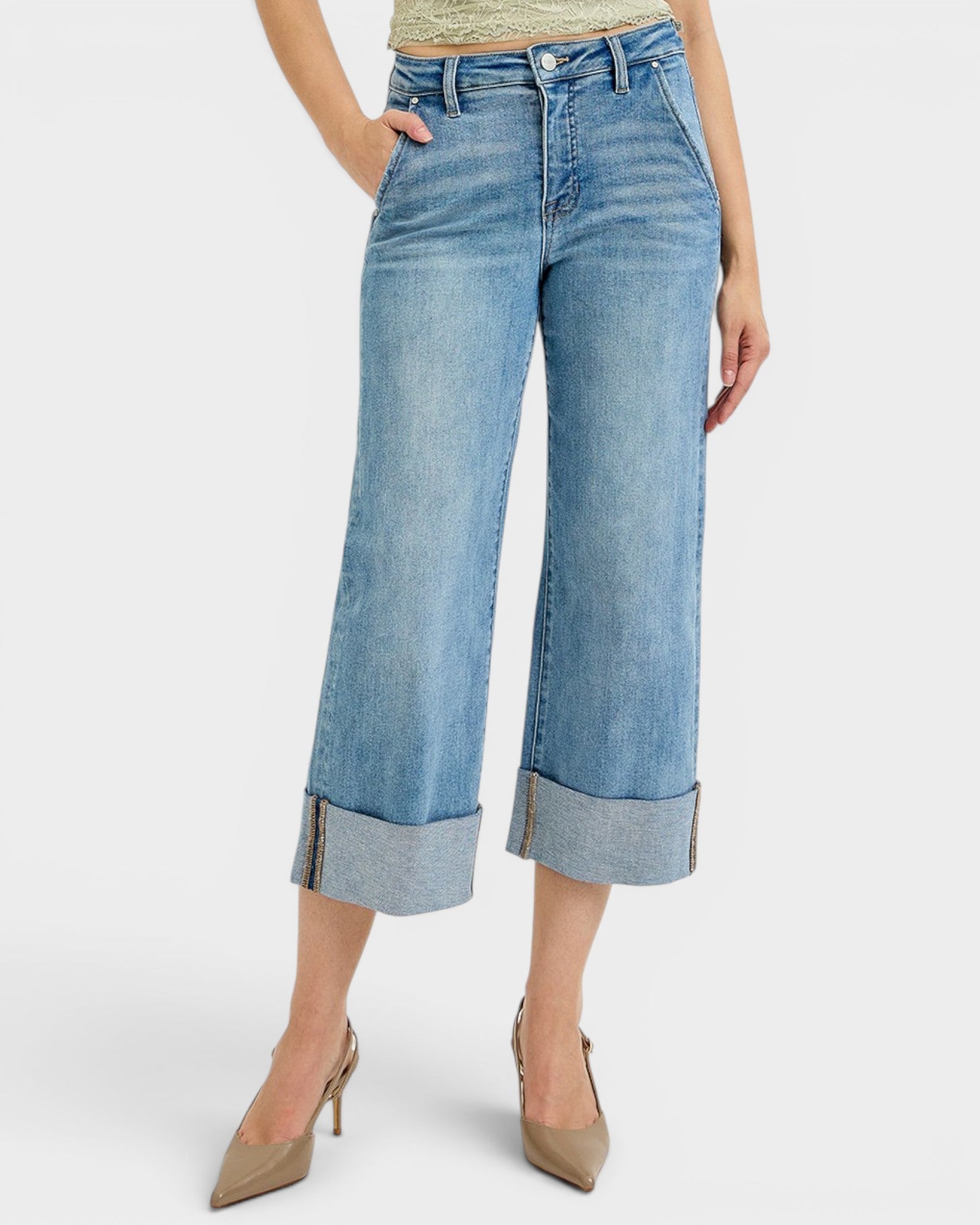 Medium Wash Cuffed Crop Wide Leg Jeans