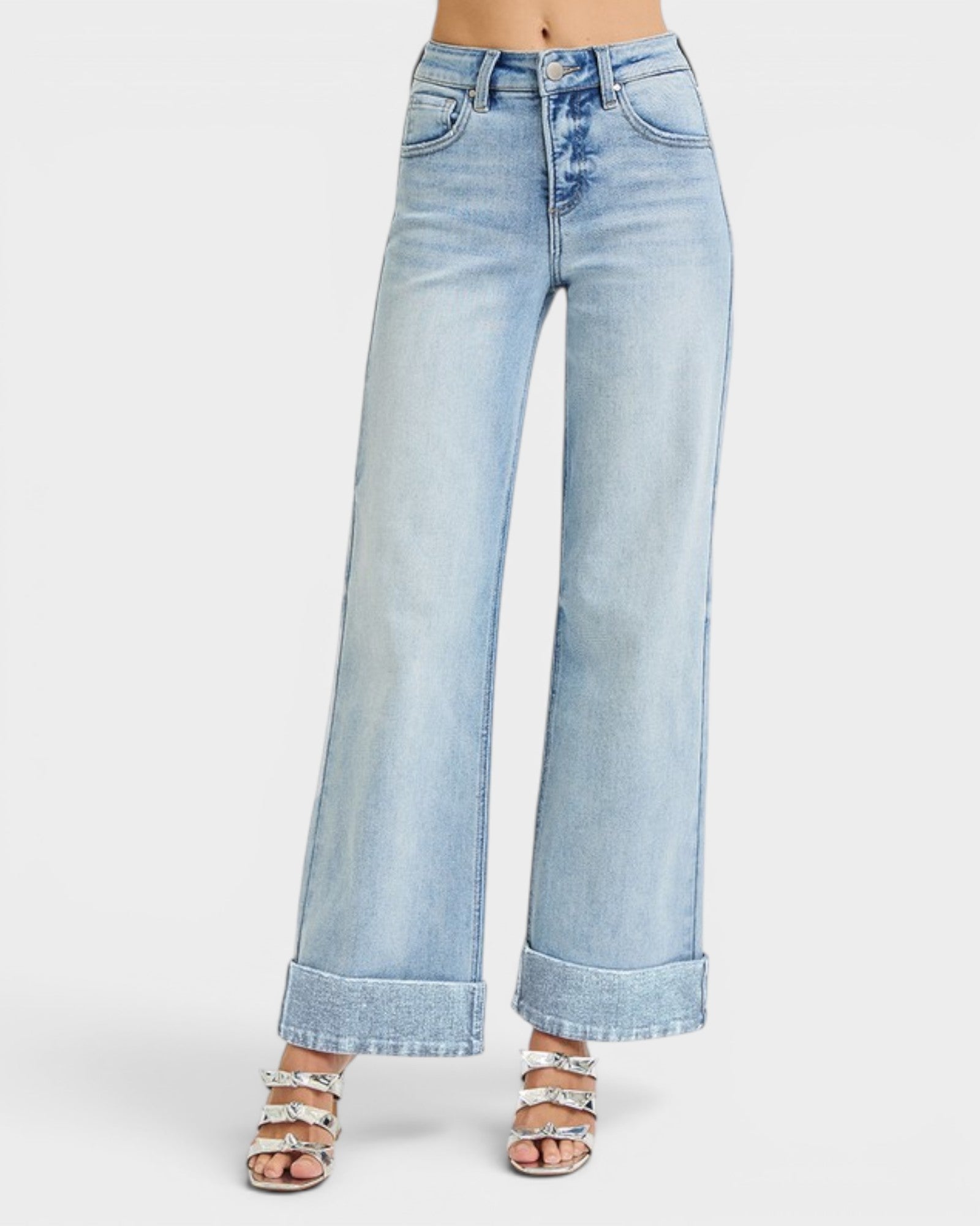 Light blue wide-leg jeans on a white background