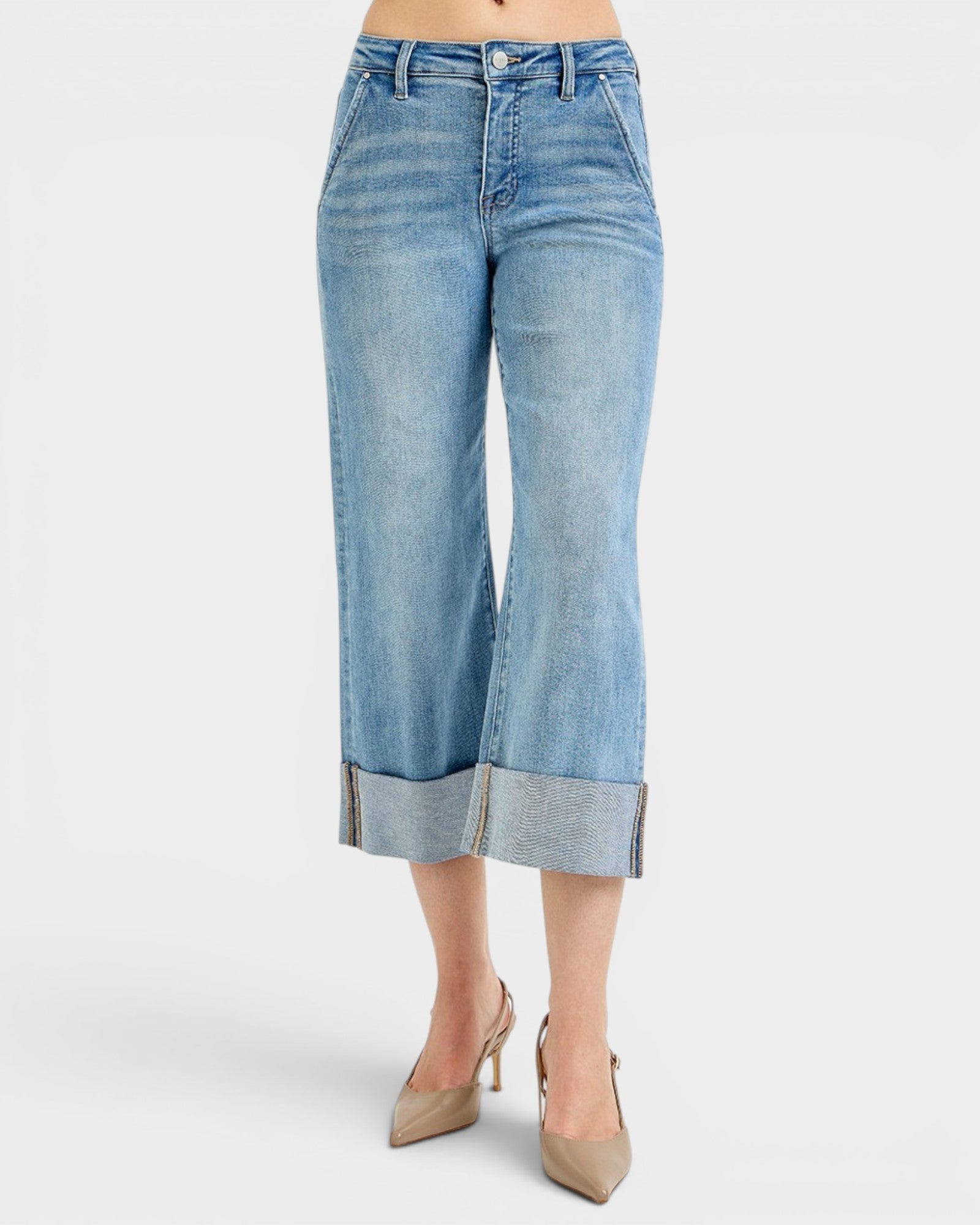 Medium Wash Cuffed Crop Wide Leg Jeans