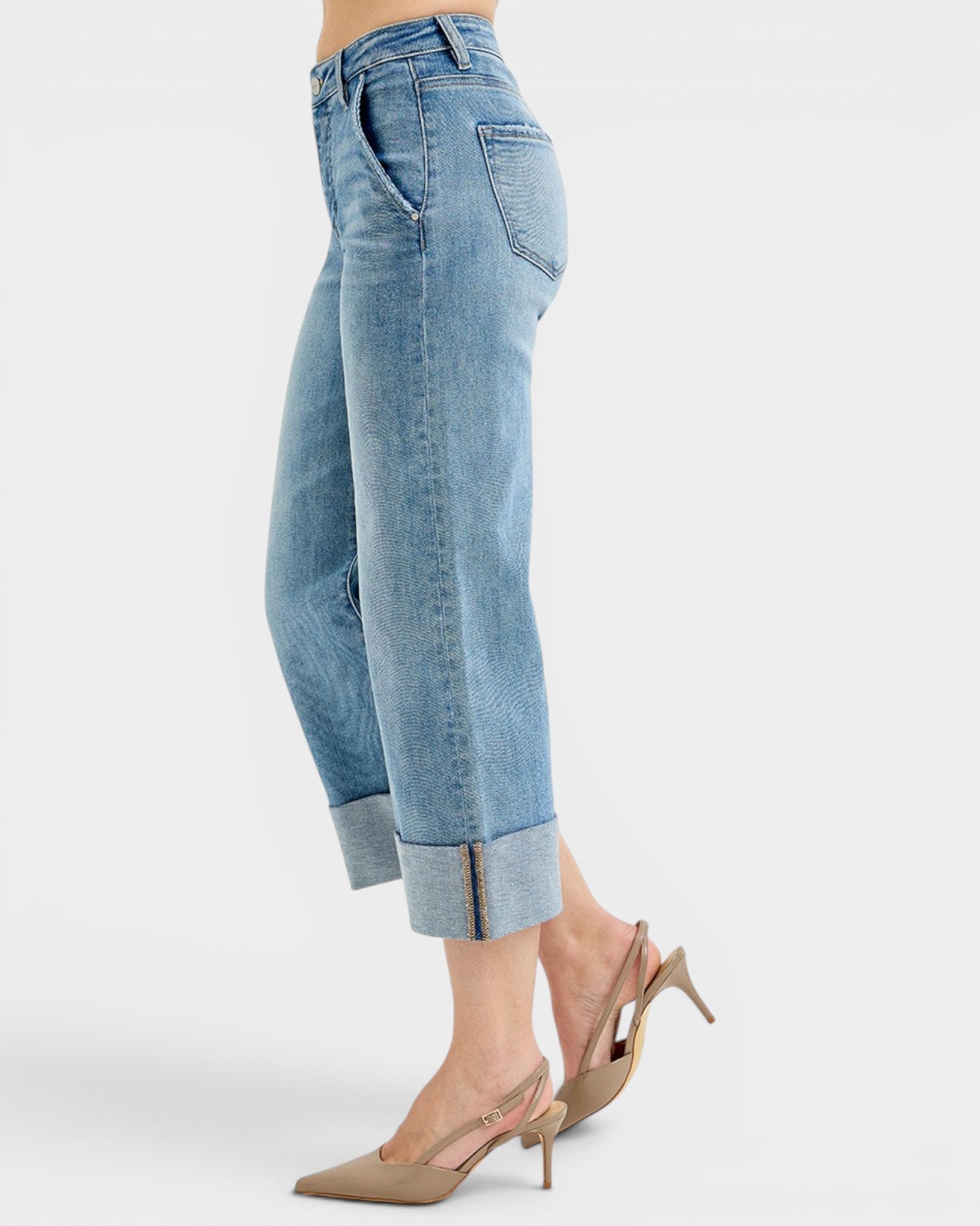 Medium Wash Cuffed Crop Wide Leg Jeans